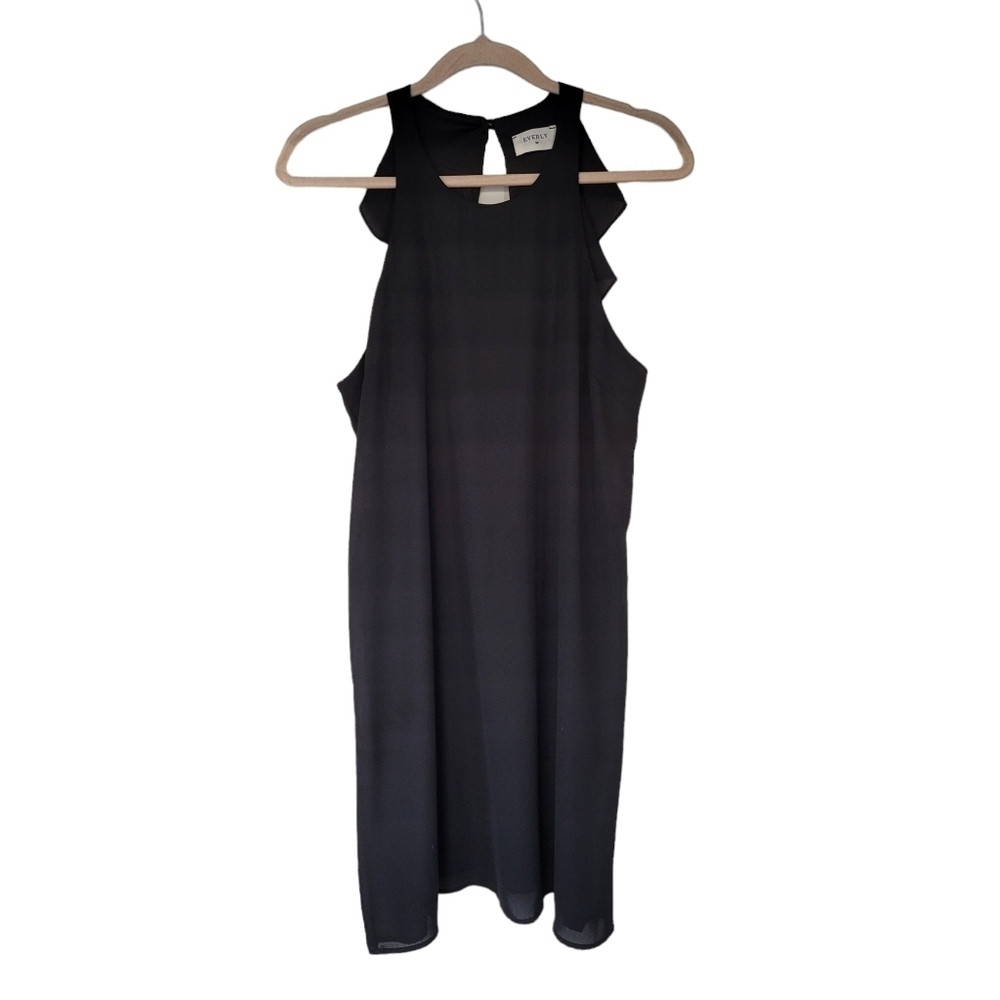 Everly Black Sleeveless Halter Shift Dress With Back Ruffle